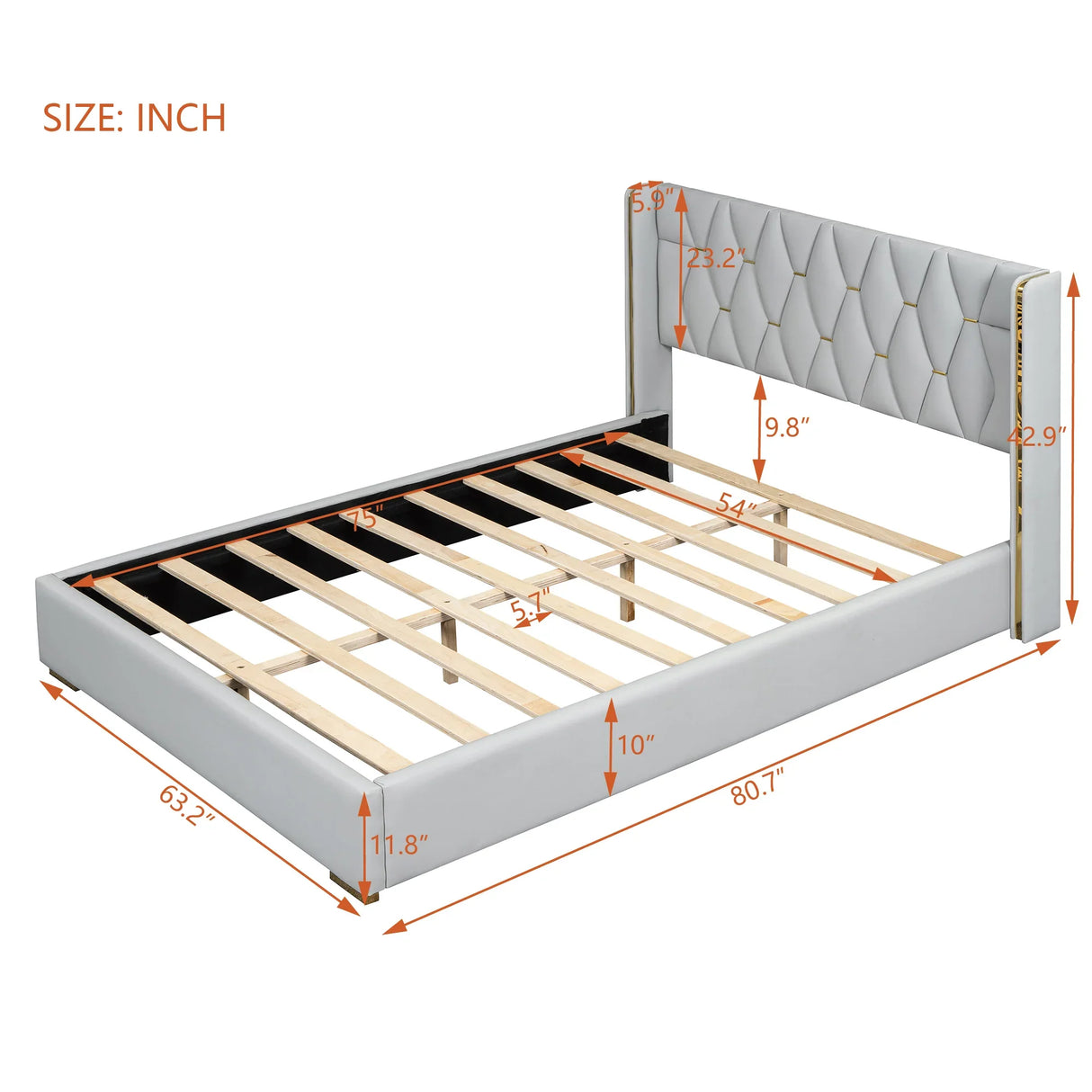 Full Size Upholstered Platform Bed Metal Strips Off White - Furniture Home Direct