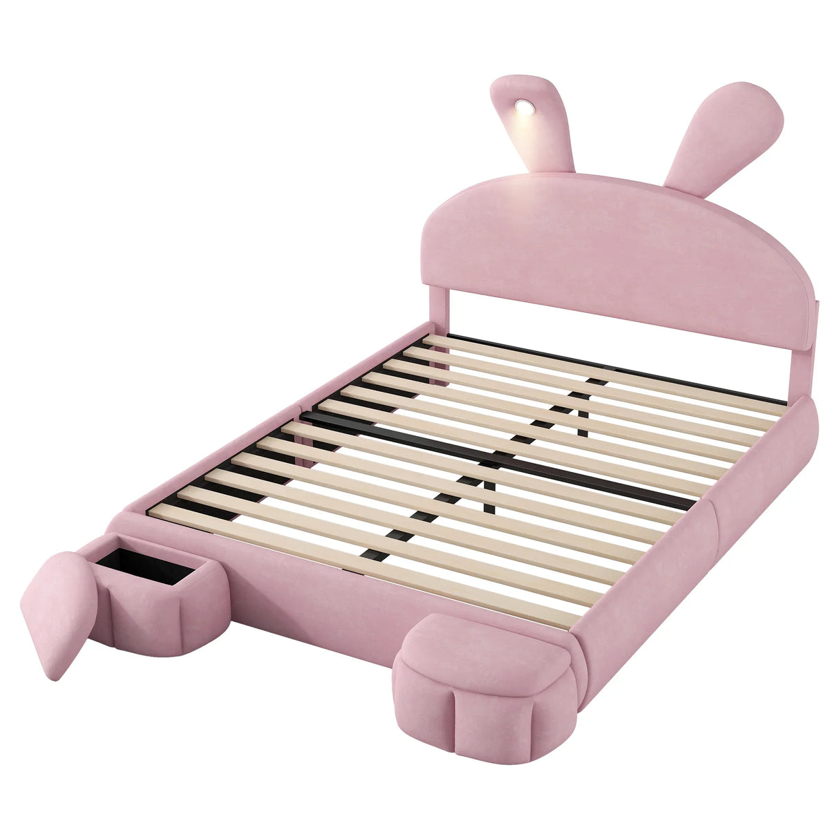 Full Size Upholstered Platform Bed with Cartoon Ears Shaped Headboard and Light, Pink - Furniture Home Direct