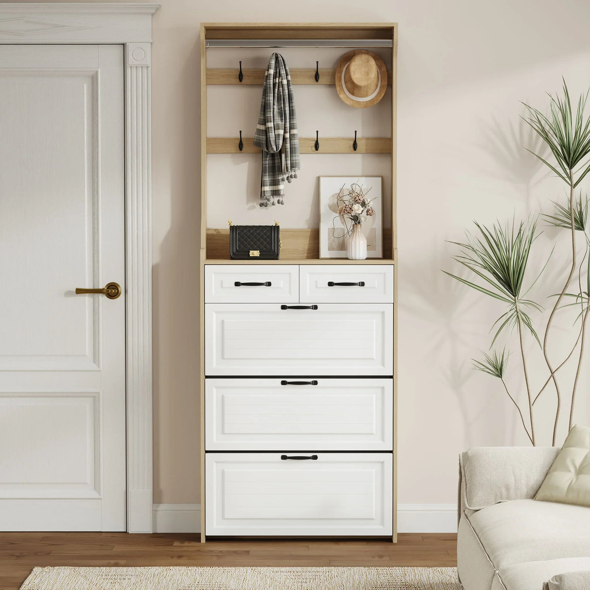 Shoe Cabinet With 3 Doors 2 Drawers With Hanger, Door With Shape, Large Space For Storage - Furniture Home Direct