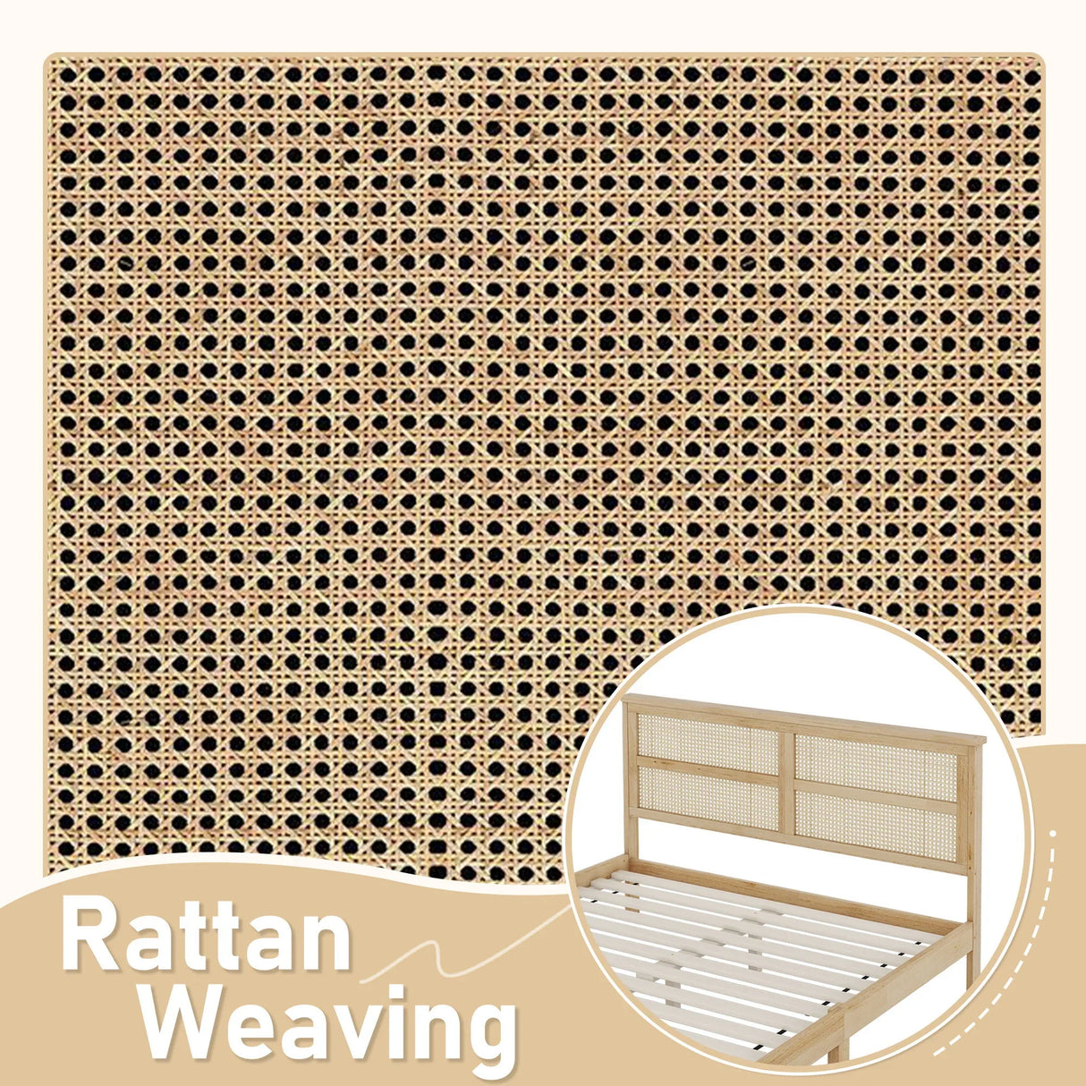 Queen Size Rubber Wooden, Solid Wooden Bed With Rattan Headboard, Enhanced By Support Feet - Natural - Furniture Home Direct