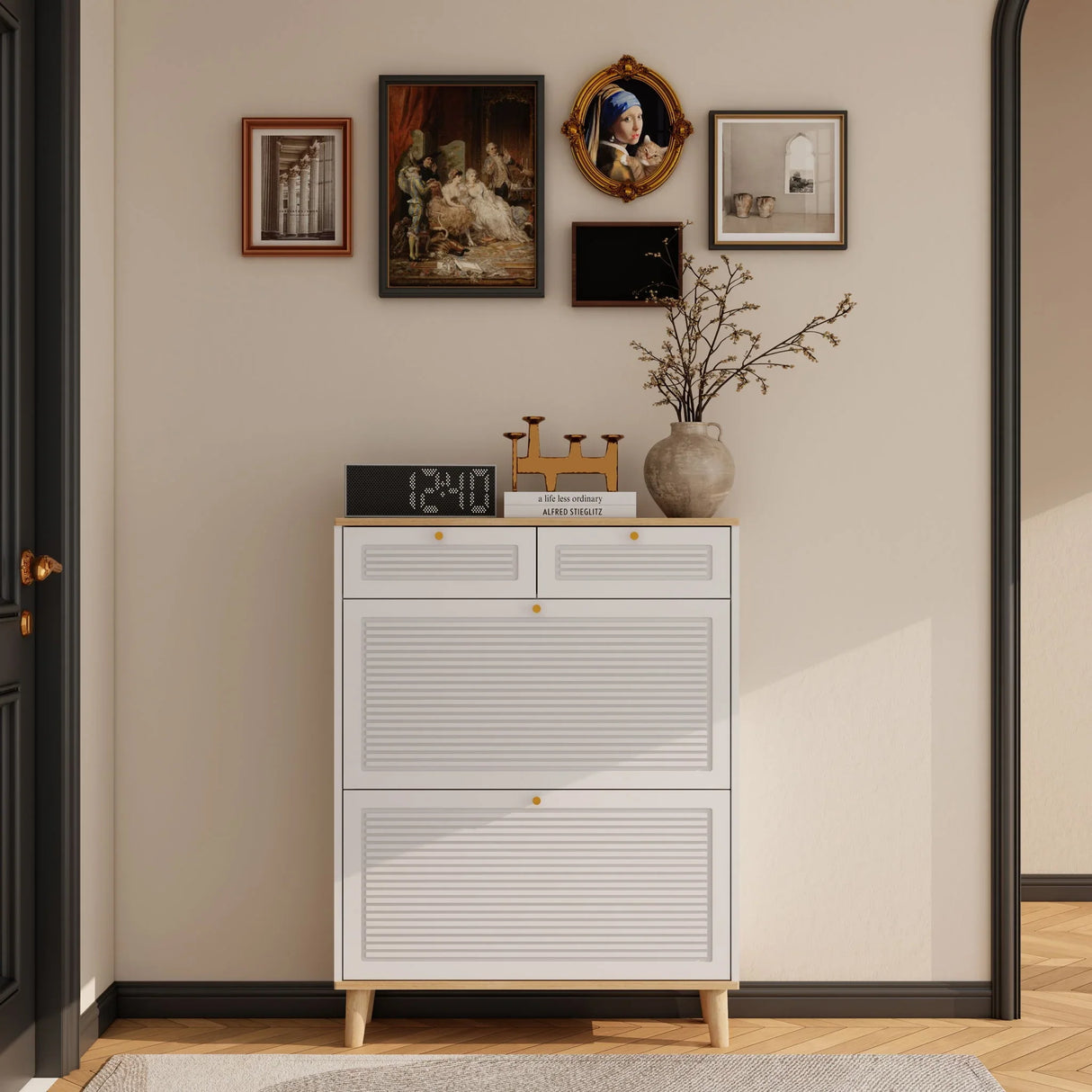 Modern Freestanding Shoe Cabinet With Flip Up Doors And Drawers, Compact Design For Entryway - White Natural - Furniture Home Direct