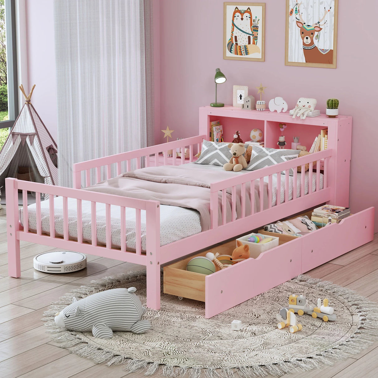 Bed With Headboard Storage Rack, 2 Under Bed Drawers, 3 Side Guardrails For Safety - Furniture Home Direct