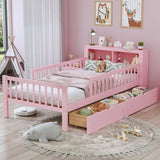 Bed With Headboard Storage Rack, 2 Under Bed Drawers, 3 Side Guardrails For Safety - Furniture Home Direct