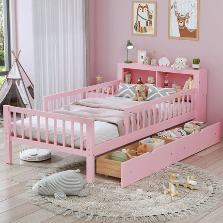 Bed With Headboard Storage Rack, 2 Under Bed Drawers, 3 Side Guardrails For Safety - Furniture Home Direct