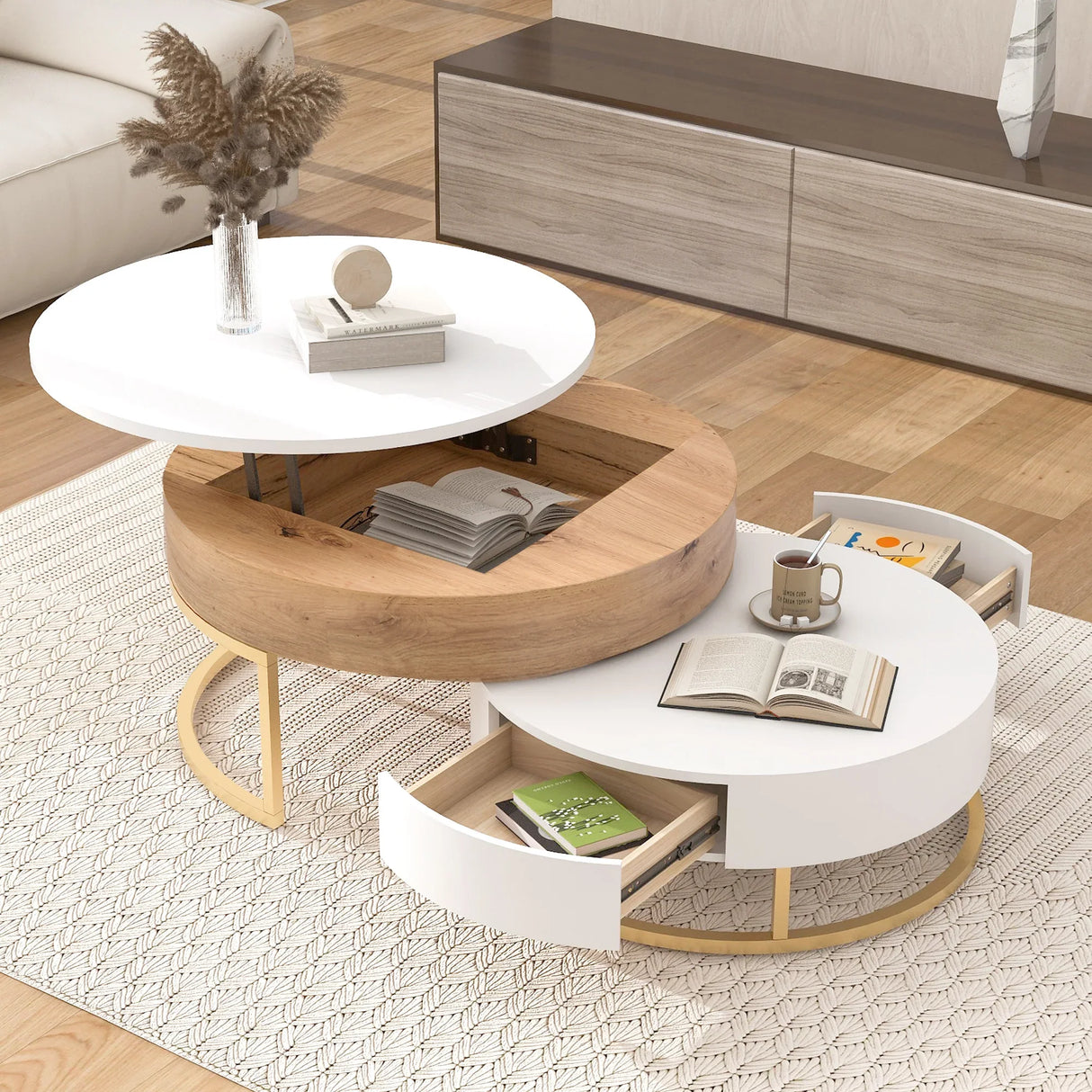 Nesting Coffee Tables Lift Top With 2 Drawers White Natural - Furniture Home Direct