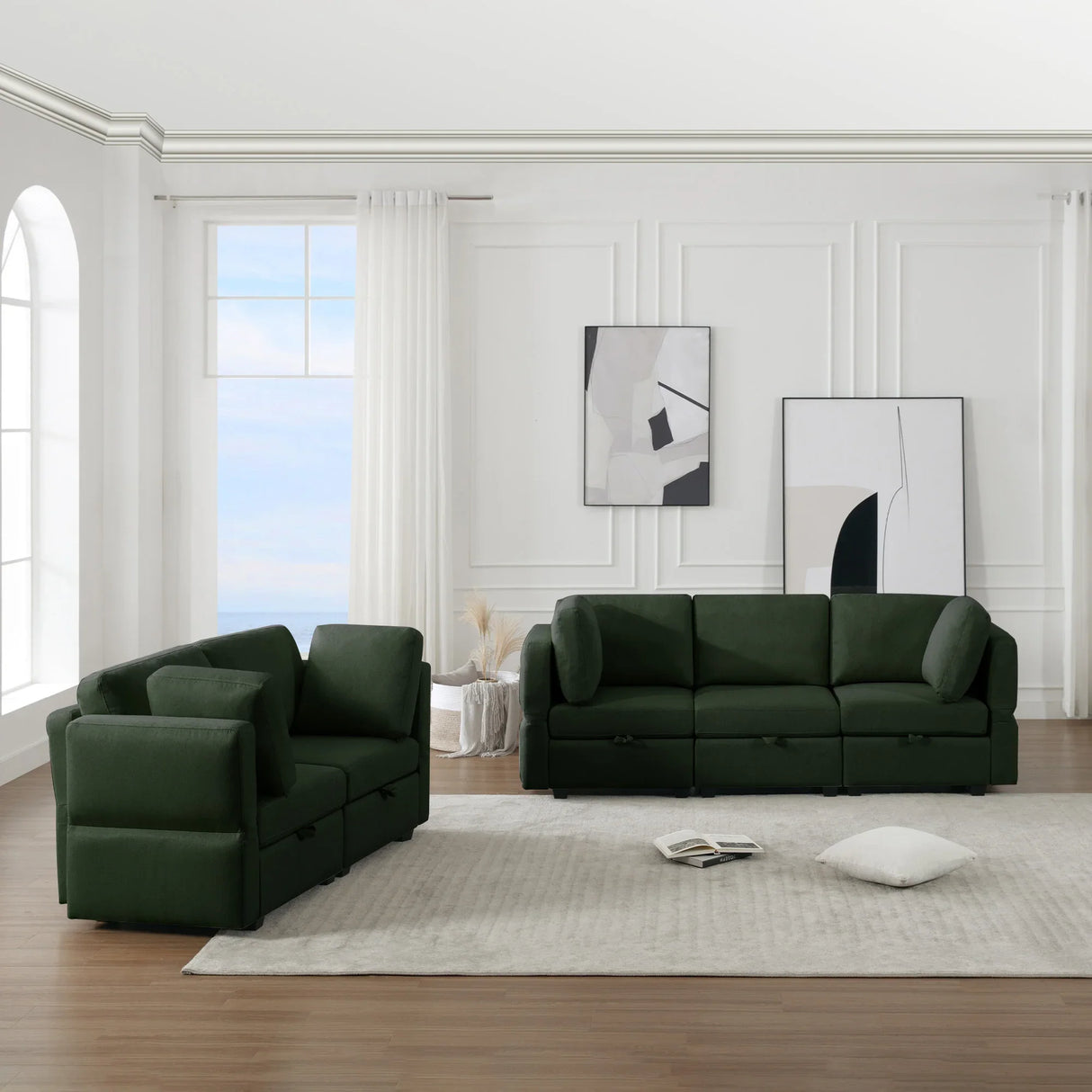 2 Pc Living room Set With Hidden Storage Under Seat and Adjustable Arms and Backs - Green - Furniture Home Direct