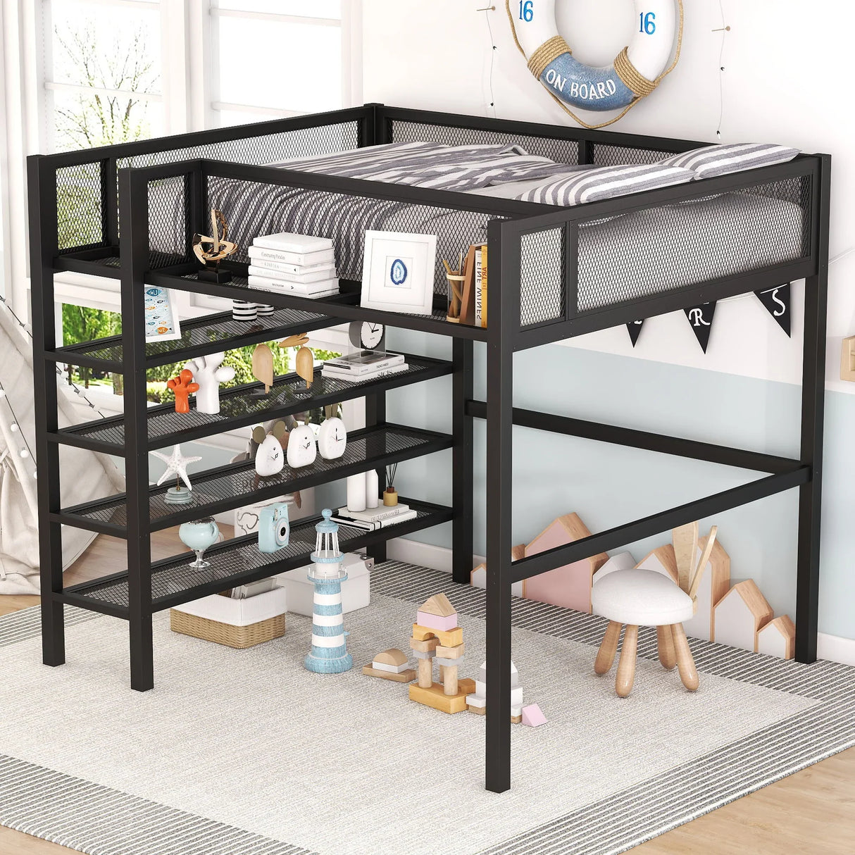Loft Bed With 4 Tier Shelves And Storage - Furniture Home Direct