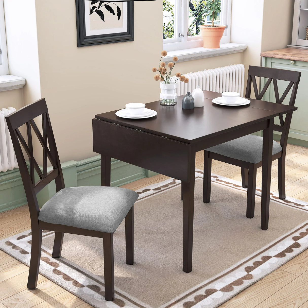 3 Piece Kitchen Dining Set With Drop Leaf Dining Table And 2 Dining Upholstered Chairs, Dining Room Set For Small Places - Furniture Home Direct