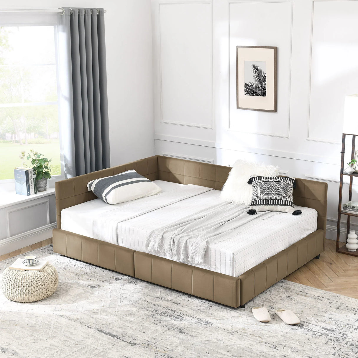 Mid-Century Storage Upholstered Tufted Bed Frame With Backrest And Armrests - Furniture Home Direct