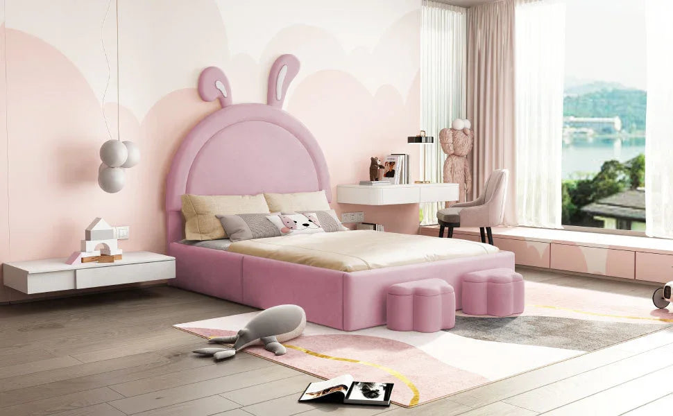 Rabbit Shaped Bed With Storage Stools Upholstered Pink - Furniture Home Direct
