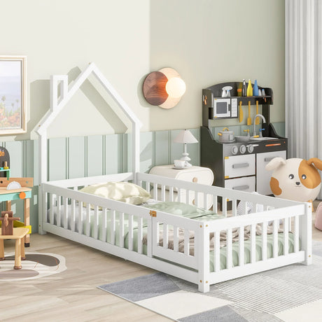 House-Shaped Headboard Floor Bed With Fence - Furniture Home Direct