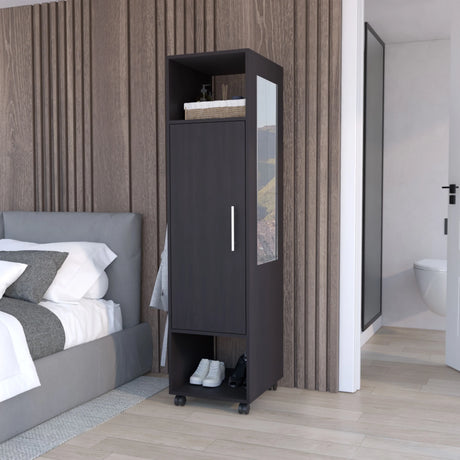 Wardrobe With Mirror and Hanging Rod on Casters Black - Furniture Home Direct