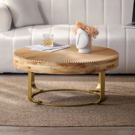 Coffee Table Round Carved Sunburst Top Natural Gold - Furniture Home Direct