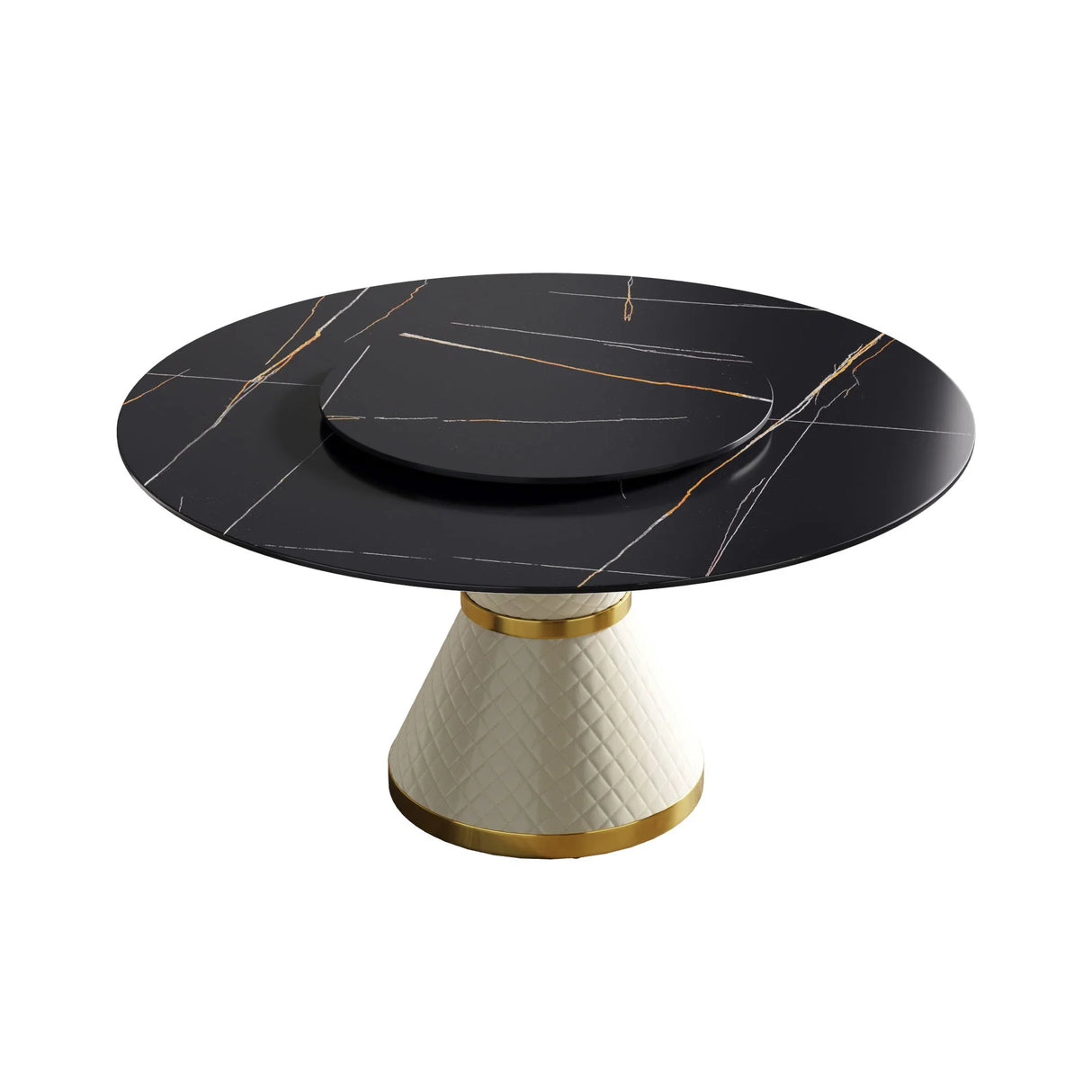 59.05" Modern Artificial Stone Round Carbon Steel Base Dining Table, Can Accommodate 6 People, Artificial Stone Turntable - White / Black - Furniture Home Direct