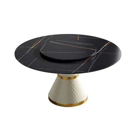 59.05" Modern Artificial Stone Round Carbon Steel Base Dining Table, Can Accommodate 6 People, Artificial Stone Turntable - White / Black - Furniture Home Direct