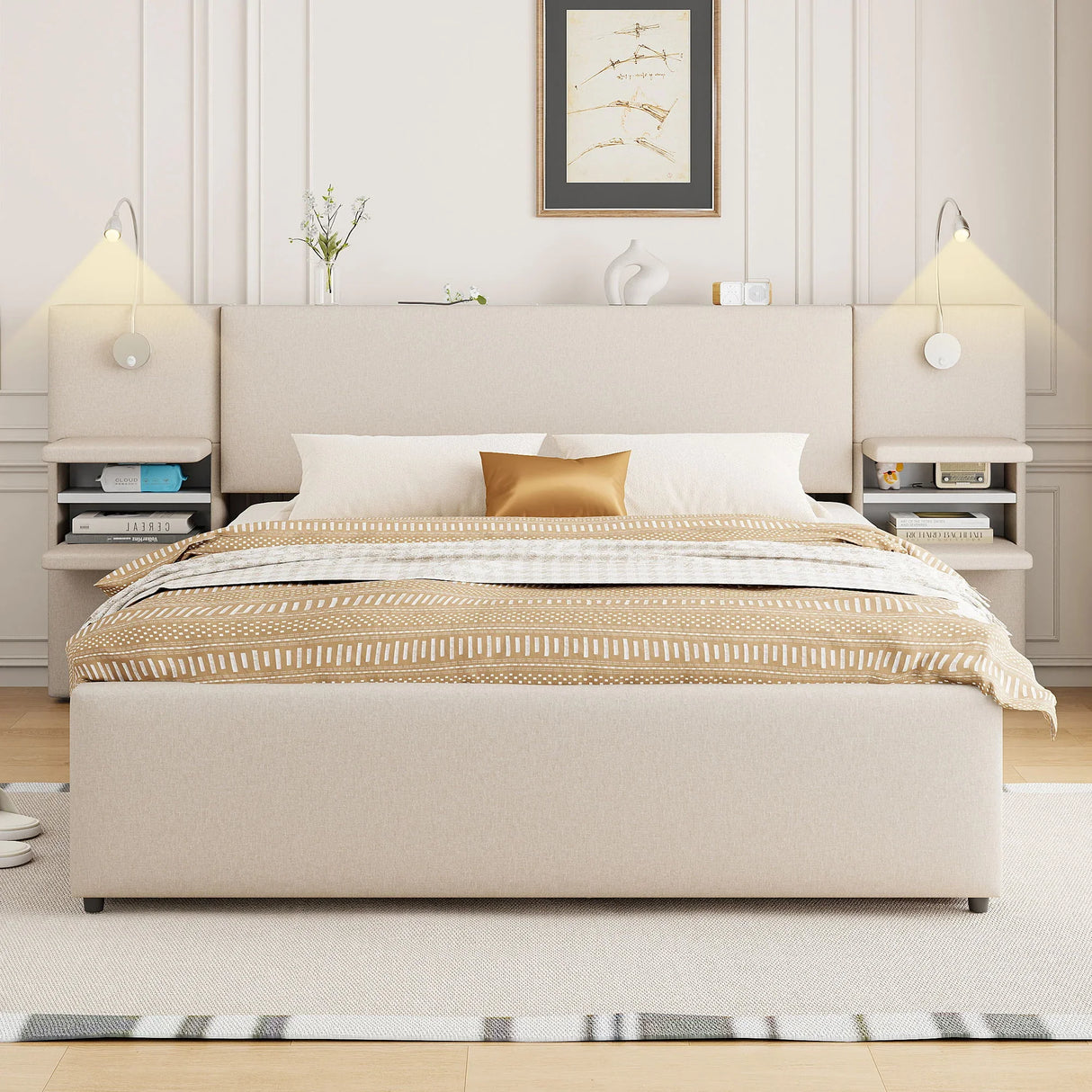 Upholstered Platform Bed With Reading Lights, Drawers, Trundle And Shelves - Furniture Home Direct