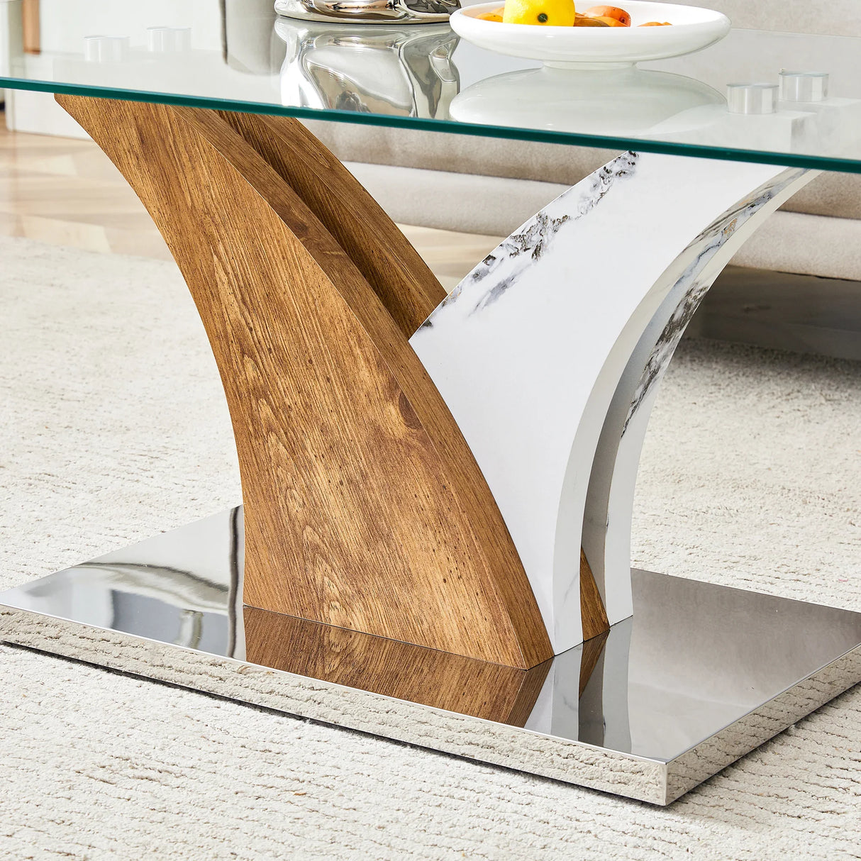 Coffee Table Glass Top With Wooden Base Modern Brown - Furniture Home Direct