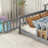 House-Shaped Bedside Floor Bed With Guardrails, Slats, With Door - Furniture Home Direct
