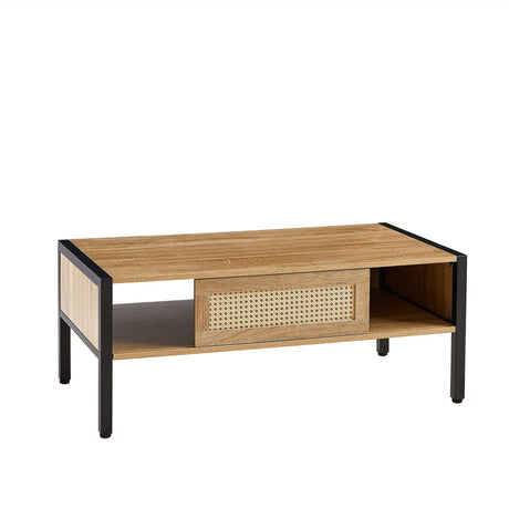 40.16" Rattan Coffee Table, Sliding Door For Storage, Metal Legs, Modern Table For Living Room - Furniture Home Direct