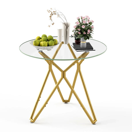 Modern Round Tempered Glass Dining Table With Sturdy Metal Legs For 1 - 4 People - Gold - Furniture Home Direct