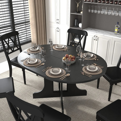 Dining Table For Farmhouse Kitchen Expandable Oval Table Top With Removable Leaf Trestle X Shaped Base - Black - Furniture Home Direct