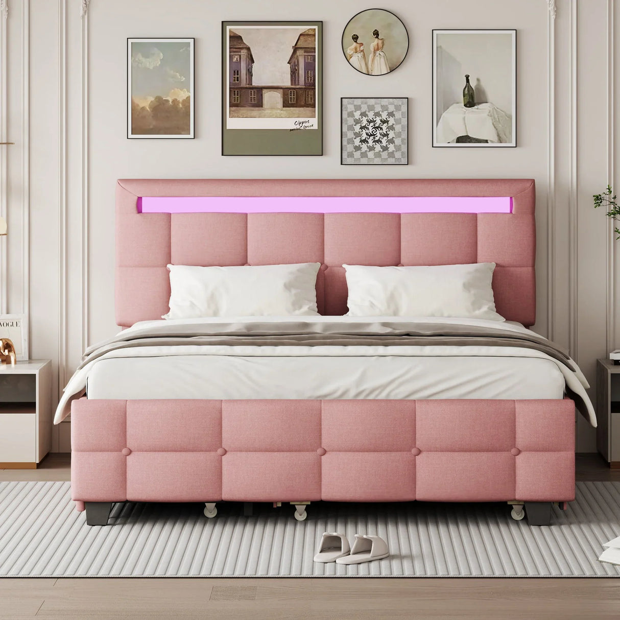 Upholstered Platform Bed With LED Frame, With Trundle And 2 Drawers - Furniture Home Direct