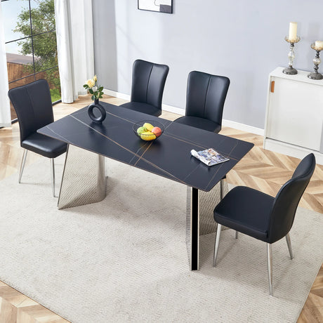 Dining Set Faux Marble Table With Black Chairs Silver - Furniture Home Direct