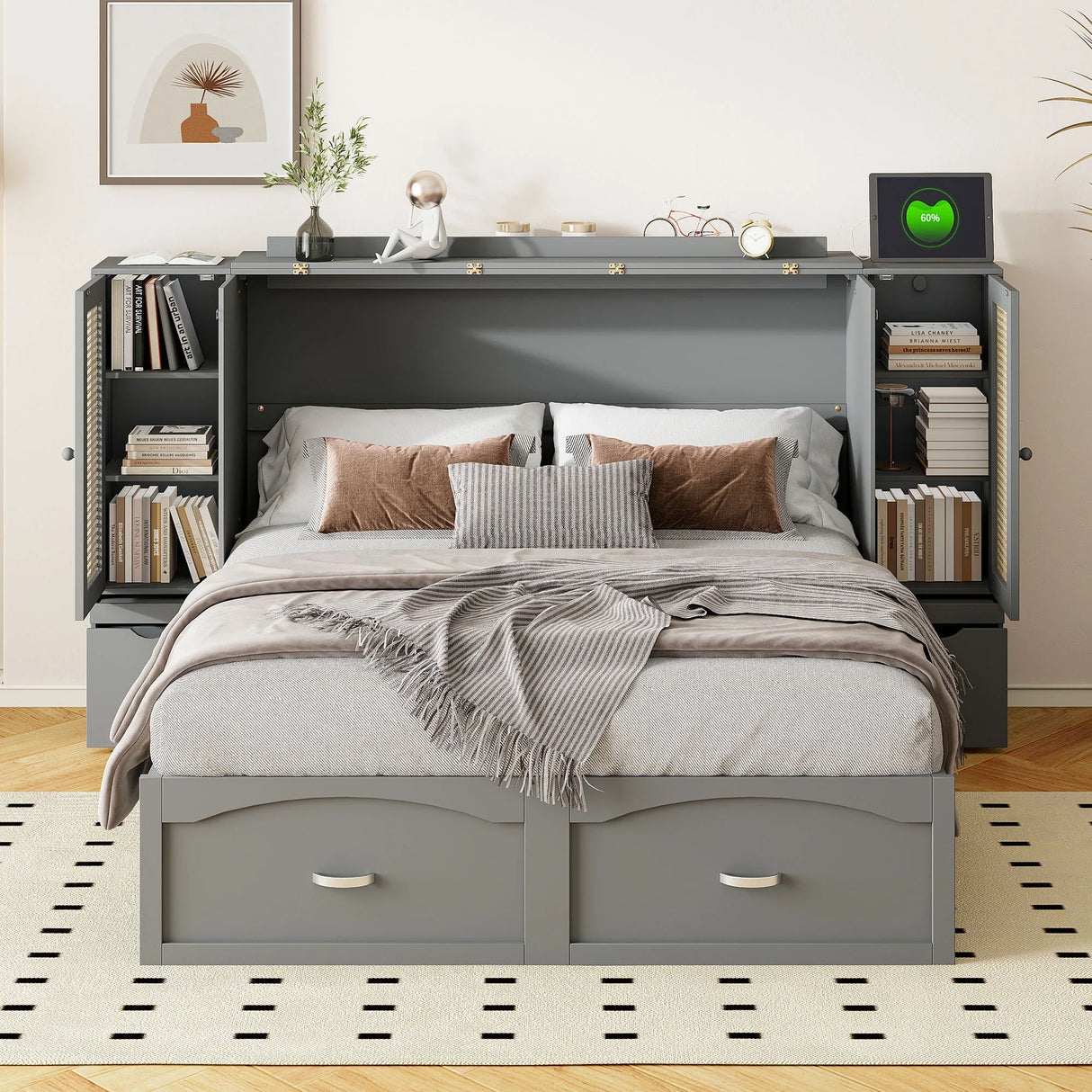 Murphy Wall Bed With Drawer And Rattan Decoration - Furniture Home Direct
