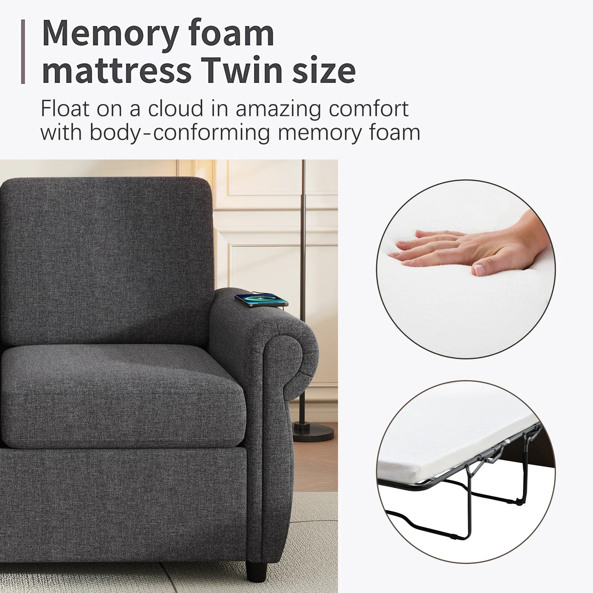 Sleeper Sofa With Twin Size Memory Mattress With Two USB Ports - Gray - Furniture Home Direct