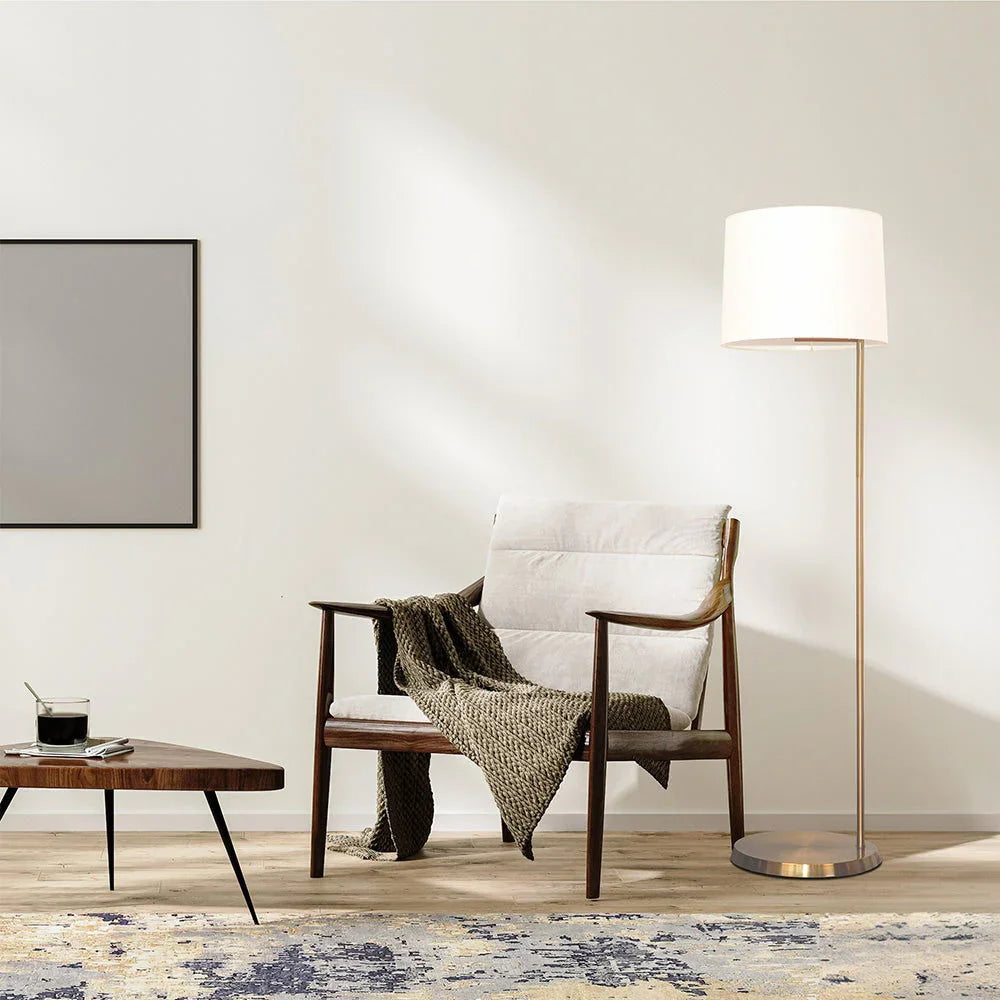 Zenith - Offset Base Floor Lamp With Drumshaped Linen Shade - Gold / White - Furniture Home Direct