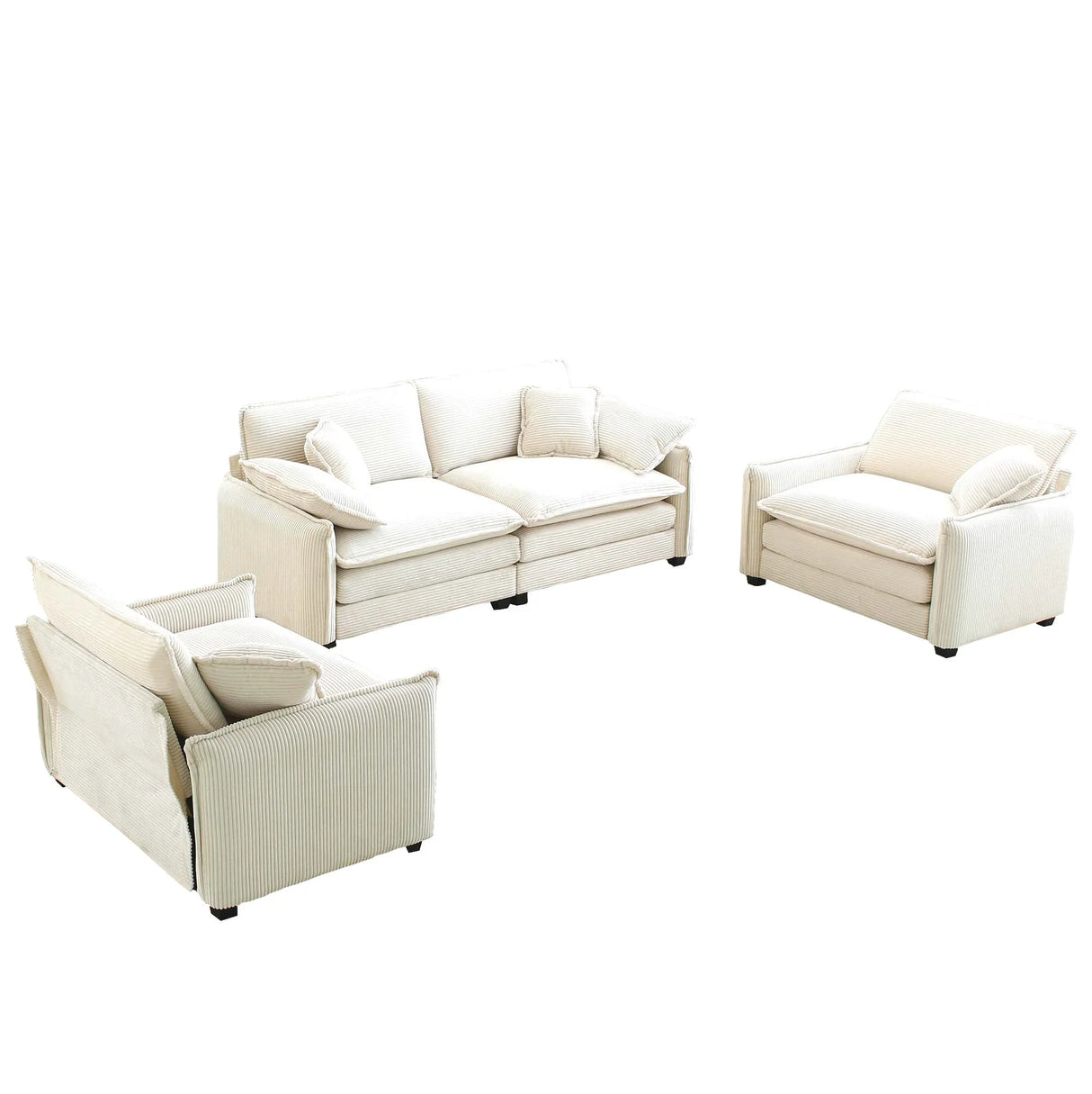 Luxurious and Sophisticated 3 Piece Corduroy Living Room Set with Soft Cushions and Pillows - White - Furniture Home Direct