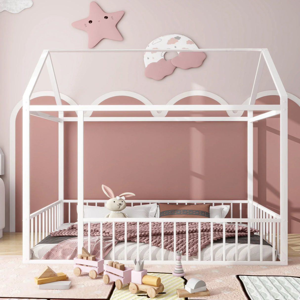 Metal Bed House Bed Frame With Fence - Furniture Home Direct
