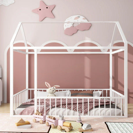 Metal Bed House Bed Frame With Fence - Furniture Home Direct