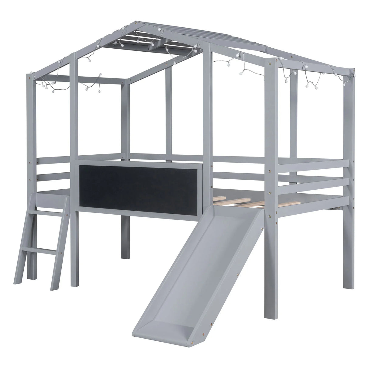 Loft House Bed With Ladder And Slide, With Blackboard And Light Strip On The Roof - Furniture Home Direct