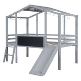 Loft House Bed With Ladder And Slide, With Blackboard And Light Strip On The Roof - Furniture Home Direct