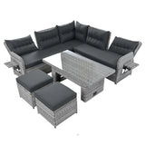 6 Piece Patio Set With An Adjustable Table, Recliners With Extendable Side Tables, And 2 Ottomans - Gray - Furniture Home Direct
