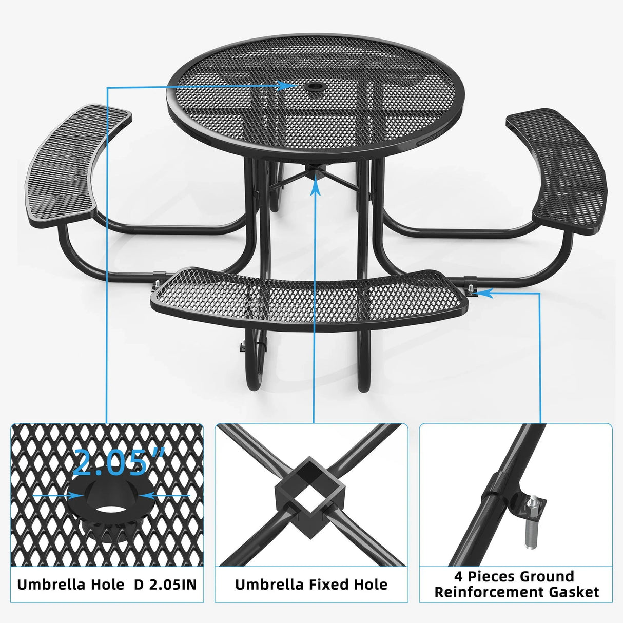 Round Outdoor Steel Picnic Table 46" With Umbrella Pole - Furniture Home Direct
