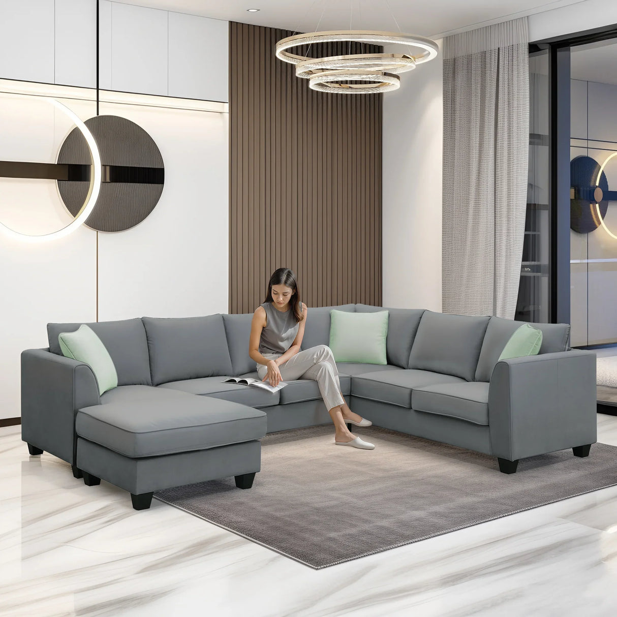 Sectional Sofa Modern Fabric Modular With Ottoman Grey - Furniture Home Direct