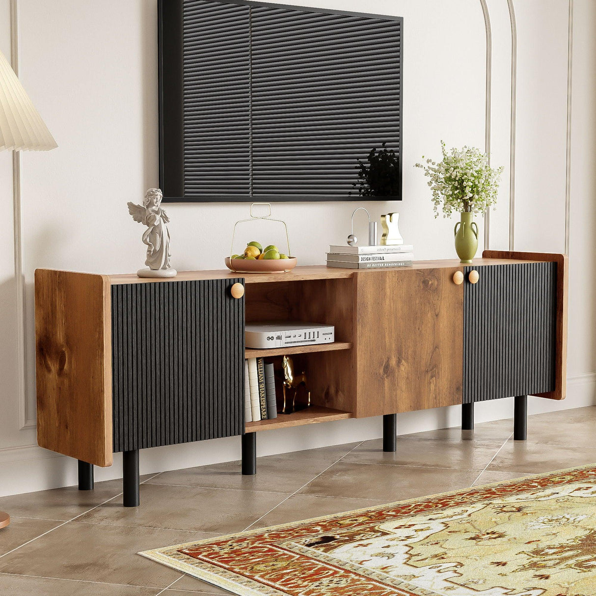 Mid Century TV Stand & 3 Cabinets, Media Console Table For Tvs Up To 70'', Entertainment Center With Storage For Living Room - Black / Brown - Furniture Home Direct