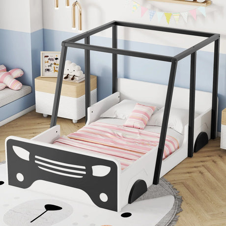 Twin Size Car-Shaped Bed With Roof, Wooden Twin Floor Bed With Wheels And Door Design, Montessori Inspired Bedroom - Furniture Home Direct
