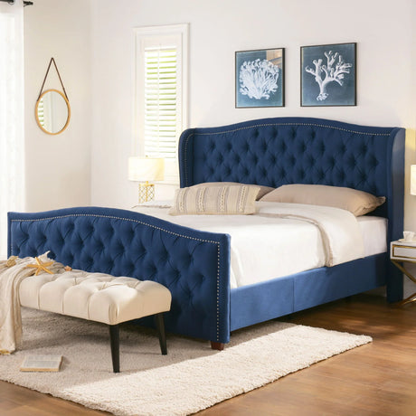 Marcella - King Upholstered Shelter Headboard Bed Set - Dark Sapphire Blue - Furniture Home Direct