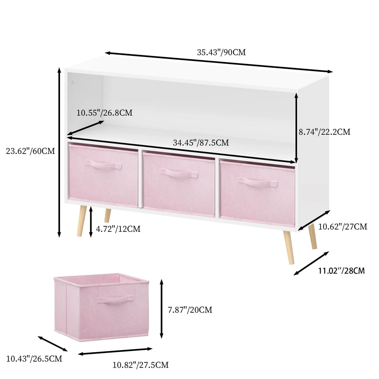 Kids Bookcase With Collapsible Fabric Drawers, Children's Book Display, Toy Storage Cabinet Organizer - White / Pink - Furniture Home Direct
