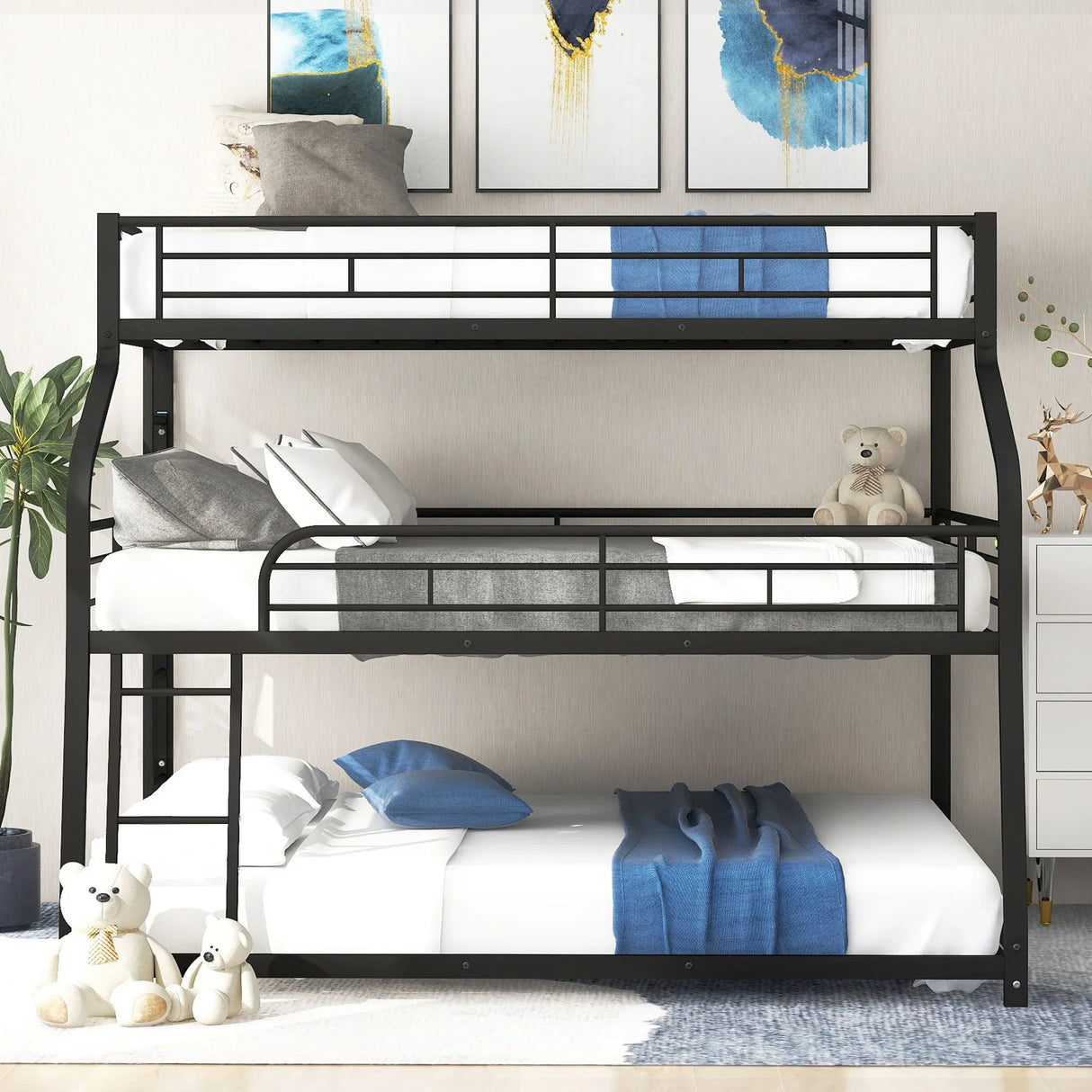 Twin Long / Full Long / Queen Triple Bunk Bed With Long And Short Ladder And Full-Length Guardrails - Black - Furniture Home Direct