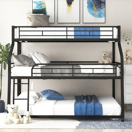 Twin Long / Full Long / Queen Triple Bunk Bed With Long And Short Ladder And Full-Length Guardrails - Black - Furniture Home Direct