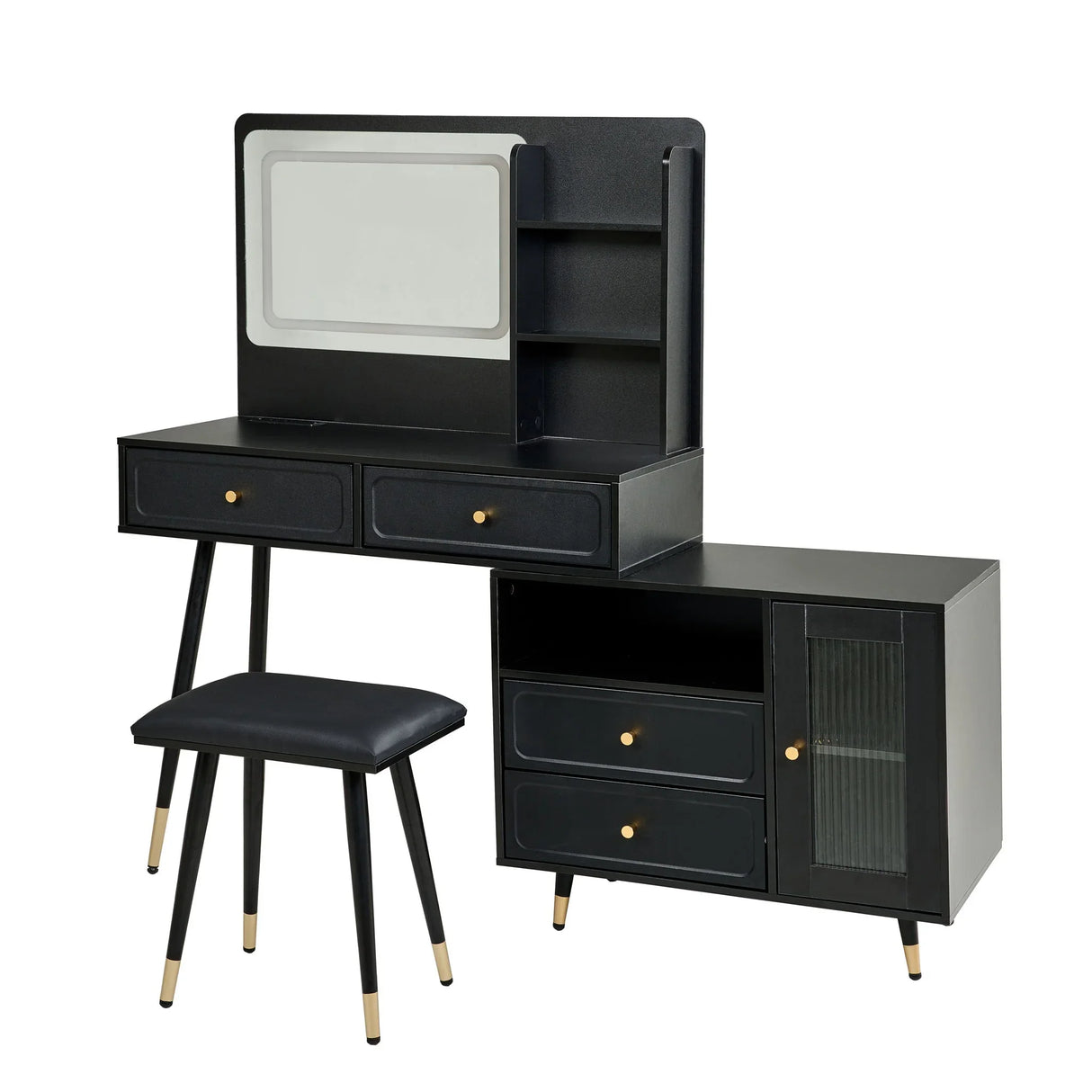 Modern Makeup Vanity Desk With Mirror And Lights Retractable Design Engineered Wood - Black - Furniture Home Direct