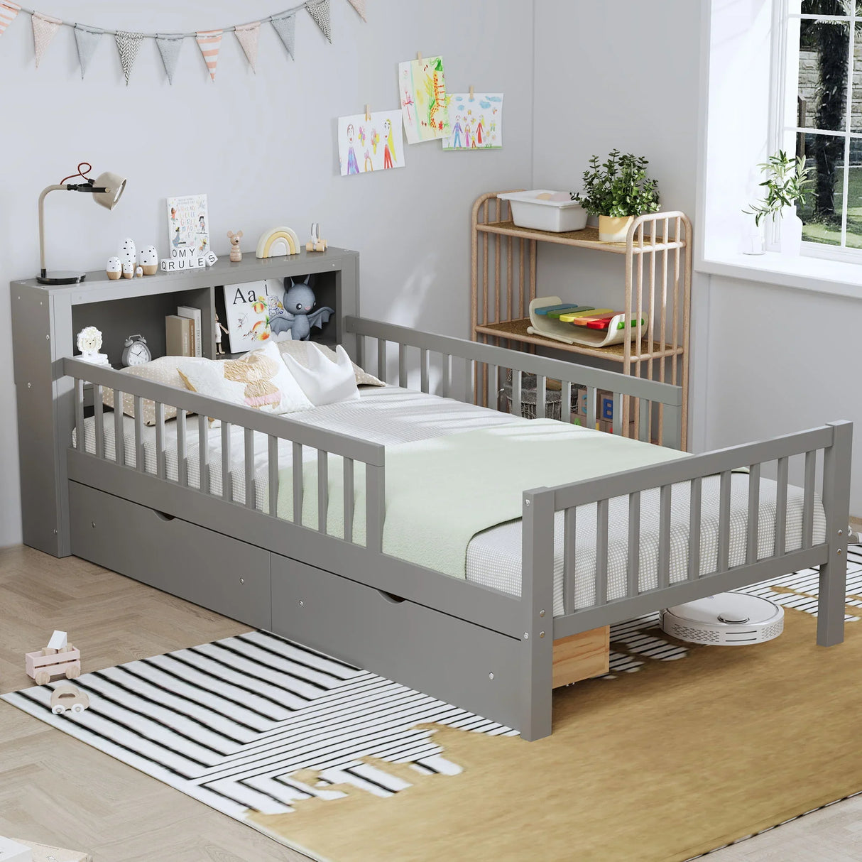 Bed With Headboard Storage Rack, 2 Under Bed Drawers, 3 Side Guardrails For Safety - Furniture Home Direct