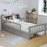 Bed With Headboard Storage Rack, 2 Under Bed Drawers, 3 Side Guardrails For Safety - Furniture Home Direct