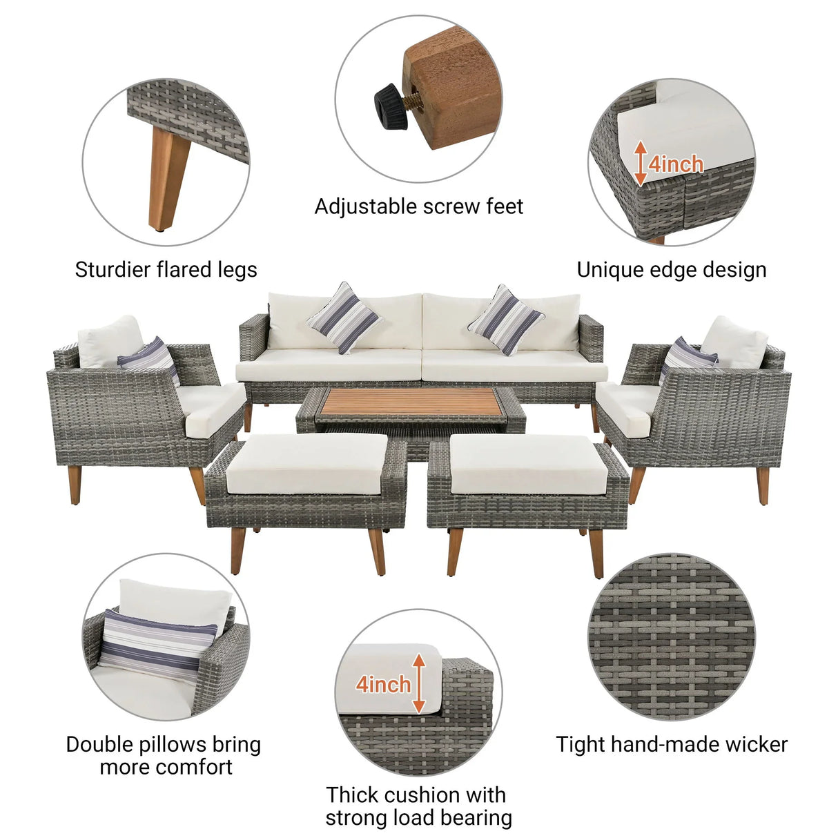 6 Pieces All Weather Sofa Set, Outdoor Rattan Sofa With Double Cushions - Furniture Home Direct