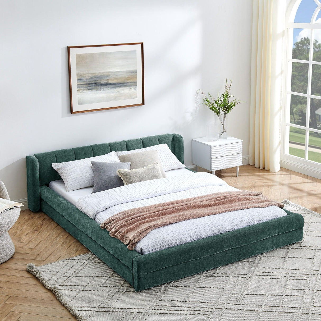 Modern Upholstered Bed Frame With Thick Chenille Fabric And Headboard - Furniture Home Direct