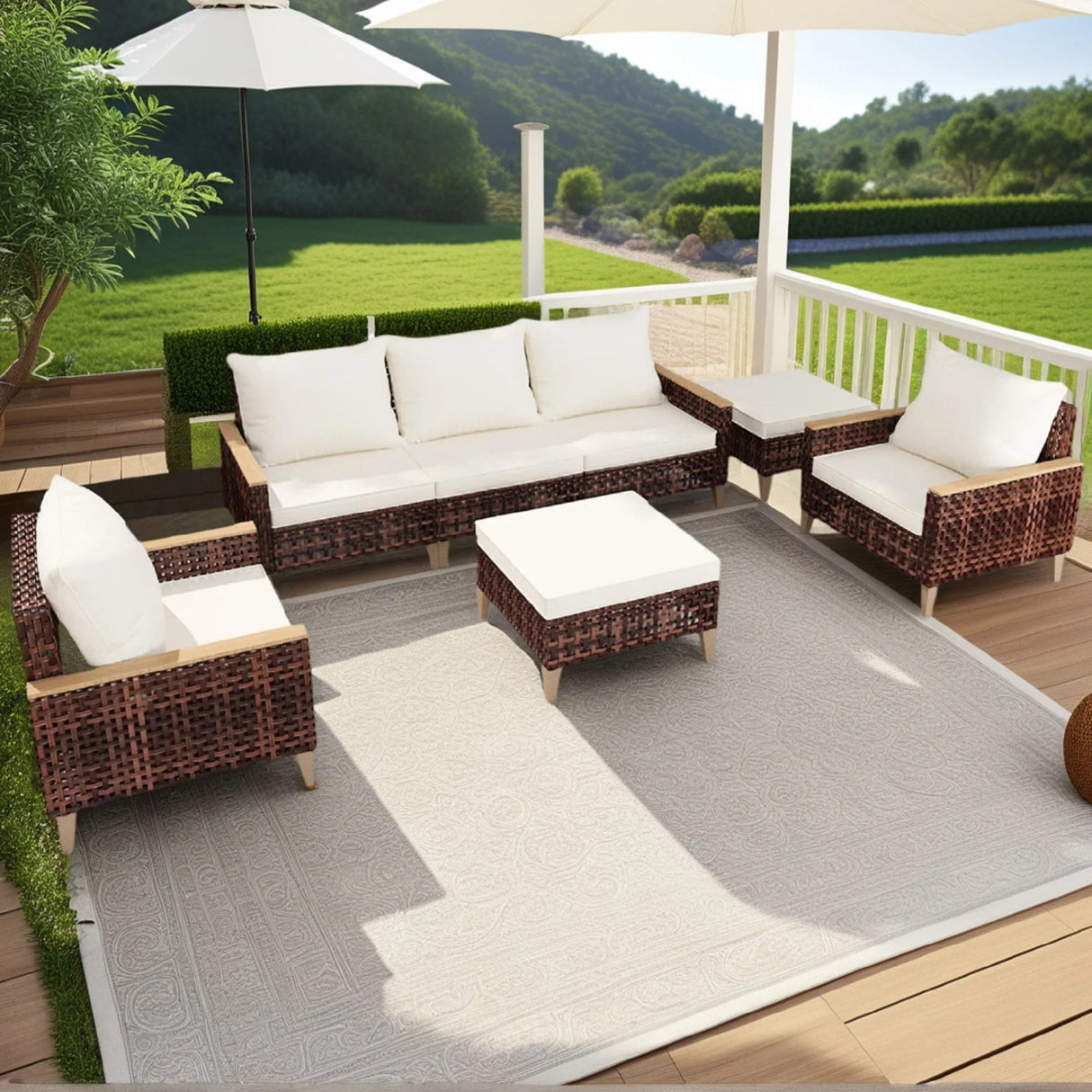 5 Piece Rattan Terrace Furniture Set, 7 Seats Cushions, High Footed Design - Furniture Home Direct